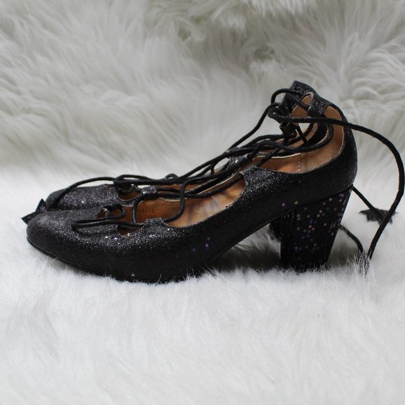 Lulu Hun Black Lace Up Sparkle Iridescent Star Block Heel Size 5 - Picture 4 of 15